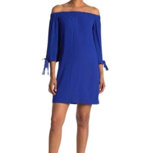 VINCE CAMUTO Off The Shoulder Scuba Bardot Float Dress Royal Cobalt Blue Sz.12 - Picture 14 of 15